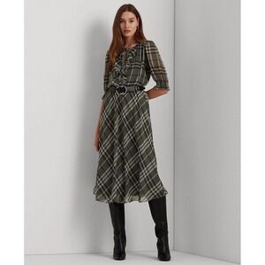 Lauren Ralph Lauren - Plaid Georgette‎ Dress (Size 14) - Tie Neck, Ruffle Front